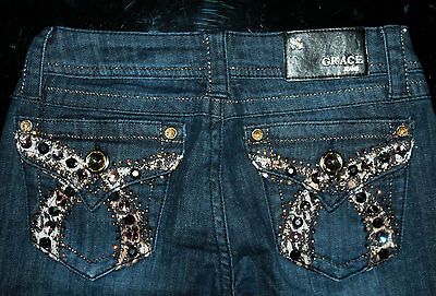 NEW GRACE IN LA JEANS DARK LEAOPARD STONES AT THE BUCKLE BOOT CUT