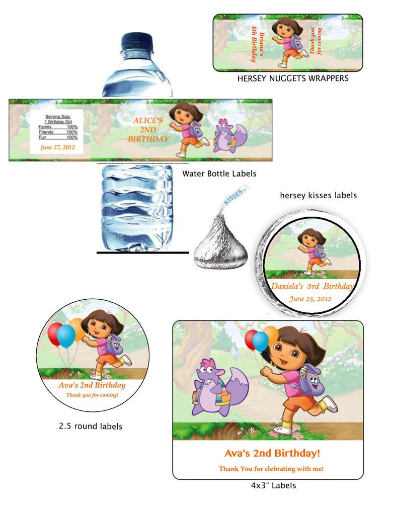 CUSTOM DORA THE EXPLORER WATER BOTTLE KISSES NUGGETS LABELS