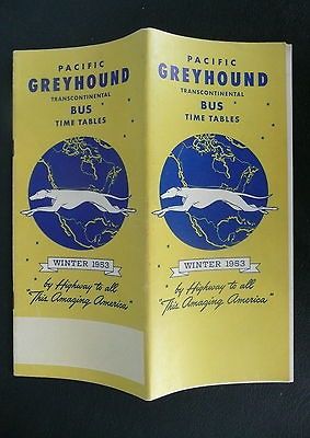 1953 Pacific Greyhound transcountinental Bus schedules time tables map