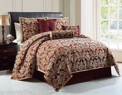 Luxury 7pc Bedding Set  Wilshire Burgundy / Gold Damask floral design