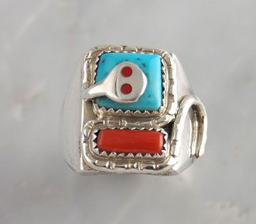 Effie Calavaza Silver Turquoise & Coral Snake Mens Ring Native