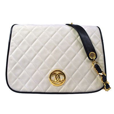 CHANEL Navy White Quilted Shoulder Bag CC Gold Chain Vintage K04290