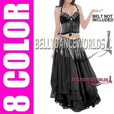 BELLY DANCE COSTUME SET SEQUINS BRA TOP CHIFFON 3 LAYERS SKIRT