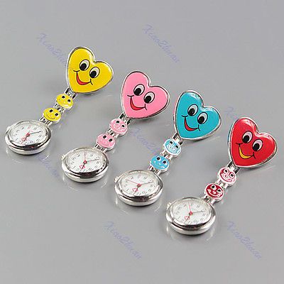 Heart Shape Smile Face Nurse Clip On Fob Brooch Hanging Pocket Watch