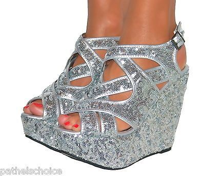 LADIES GOLD SEQUIN GLITTER STRAPPY PEEP TOE PLATFORM WEDGE HEELS SHOE