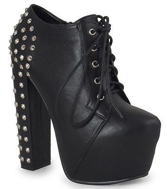 NEW WOMENS LADIES LACE UP PLATFORM BLOCK HEEL BOOTS, BLACK PU STUD