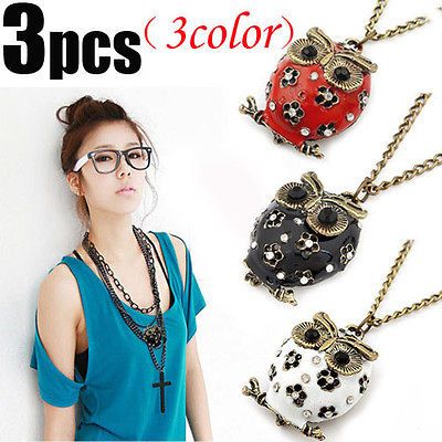 Multi Paillette Owl Drop Pendant Necklace 82cm Long Crystal Vintage