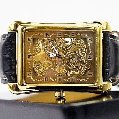 Mens Square Golden Face Automatic Watch Mechanical Metal Skeleton