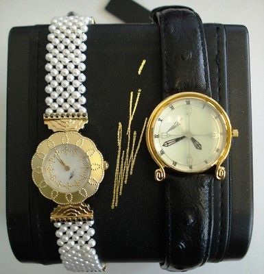 ERTE SPECIAL ~ HIS & HERS WATCHES ~ PEARL BAND & BLACK LEATHER