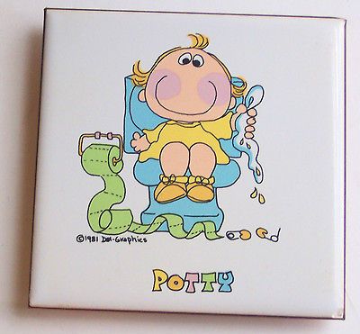 vtg 1981 Enesco adorable POTTY tile can hang or stand toilet bathroom