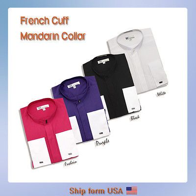 Mens Classy Hidden Button French Cuff Mandarin Collar Casual Dress