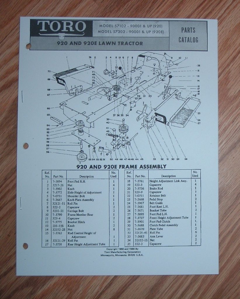 TORO 920 & 920E PARTS CATALOG LAWN TRACTOR