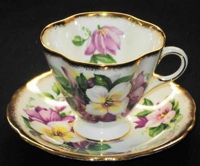 CLARE ENGLAND PURPLE MAUVE WHITE ROYAL GOLD TEA CUP AND SAUCER SET